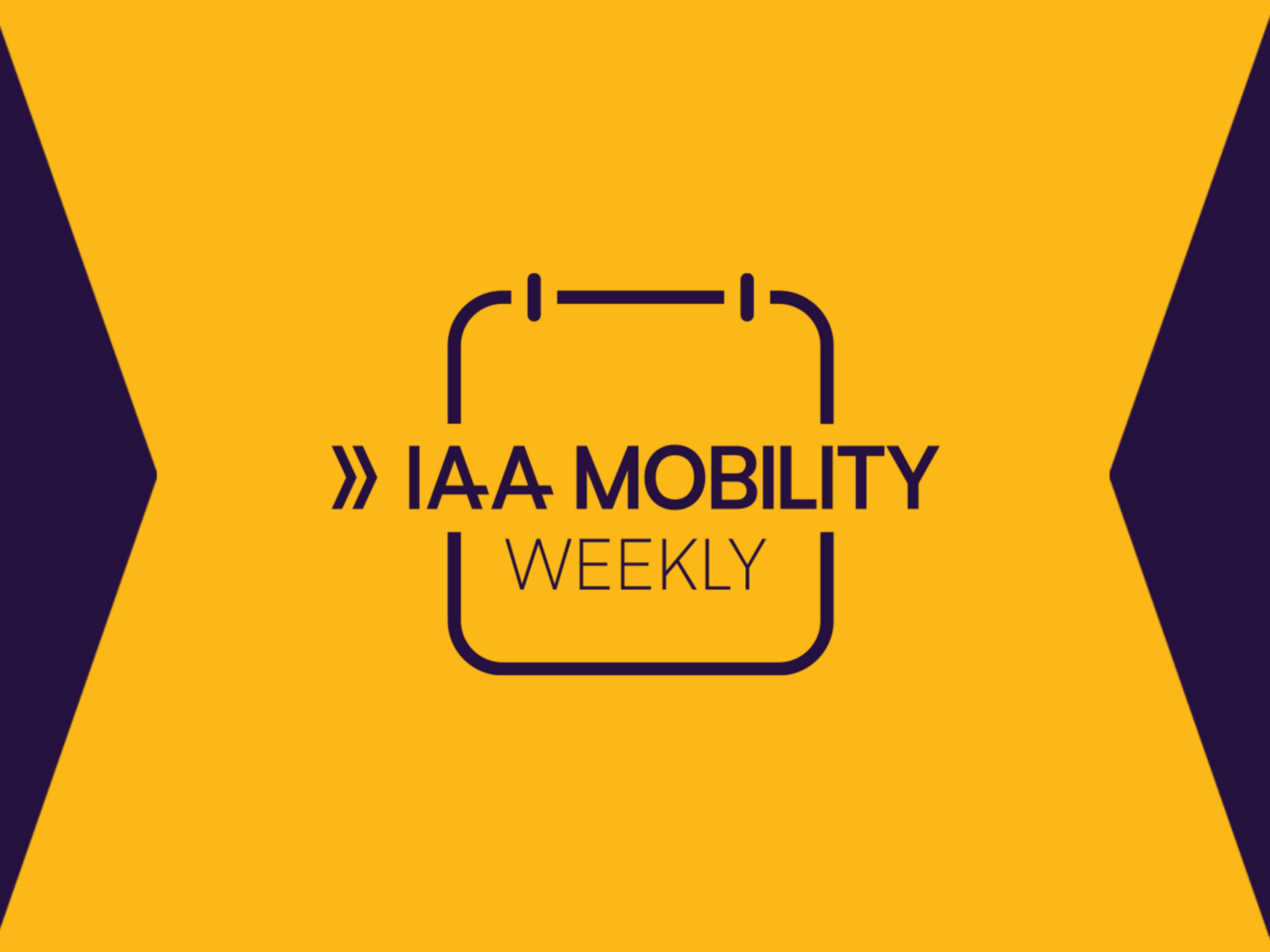 Grafik mit dem Text „IAA MOBILITY WEEKLY“ und einem Kalendersymbol auf gelbem und dunkelblauem Hintergrund.