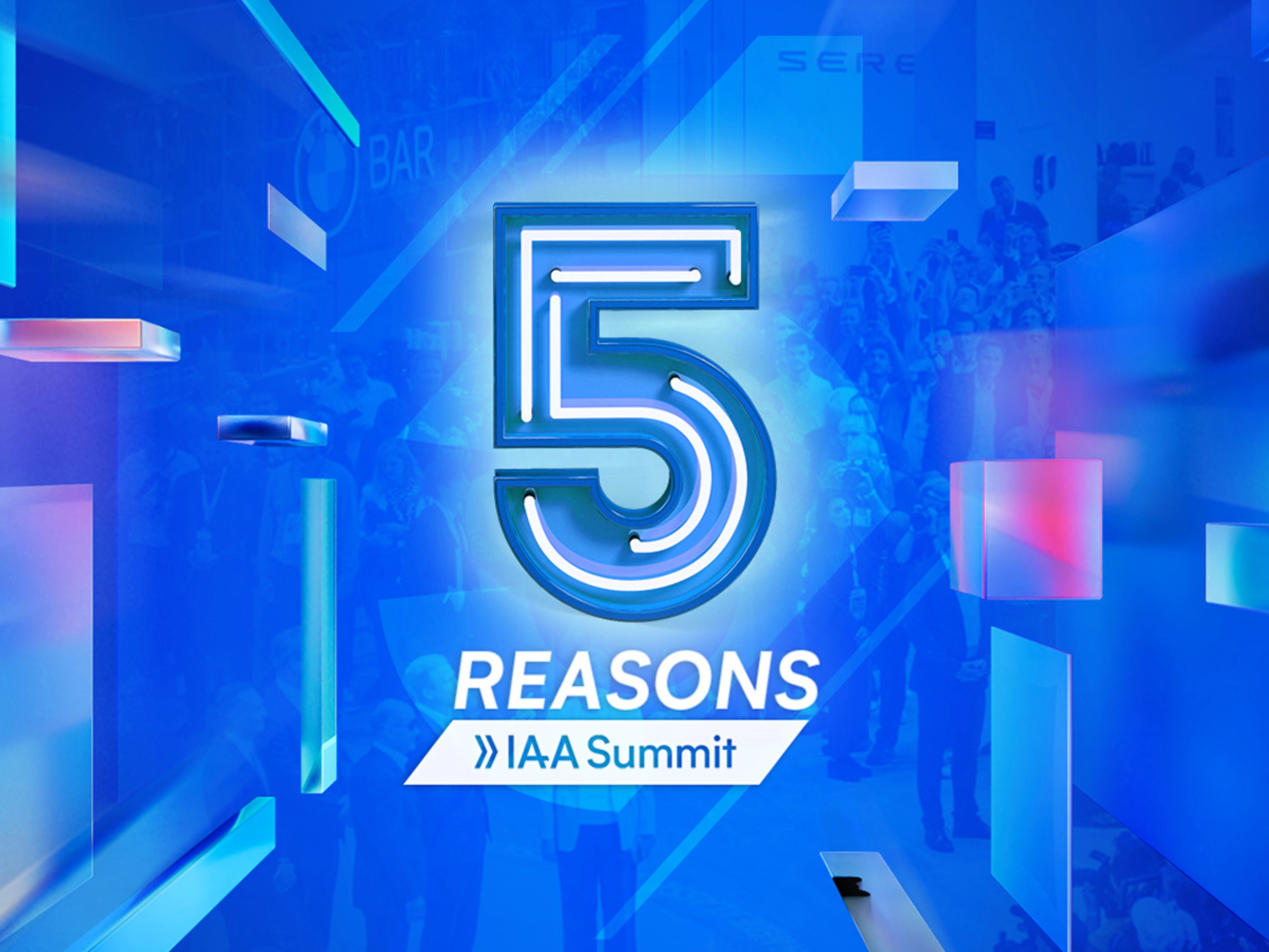 Graphic with the headline "5 Reasons" for the IAA Summit, featuring a large neon-style number 5 on a vibrant blue background with abstract shapes and crowd imagery.