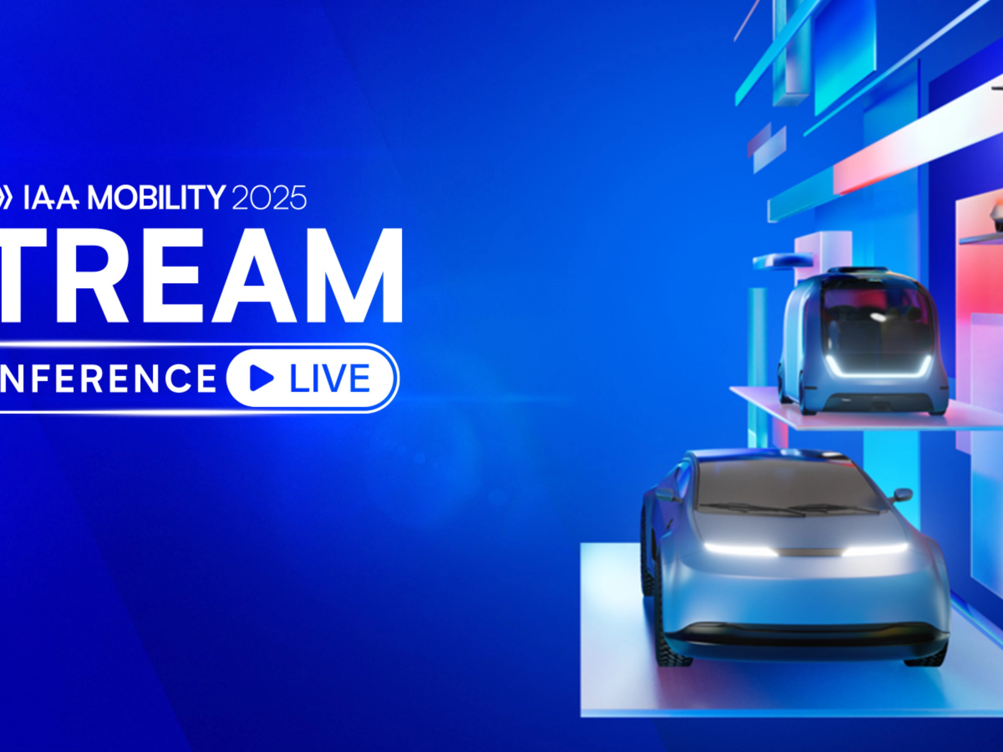 Visual for IAA Mobility 2025 livestream with futuristic vehicles and e-scooter.