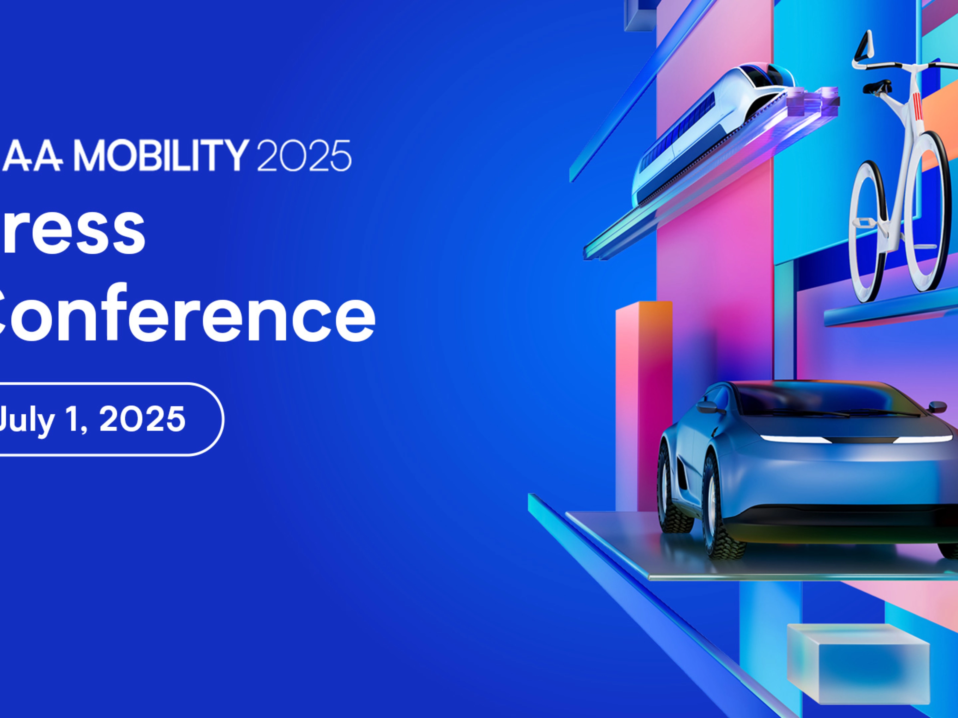Graphic with text "IAA MOBILITY 2025 Press Conference, July 1, 2025" and futuristic transport.