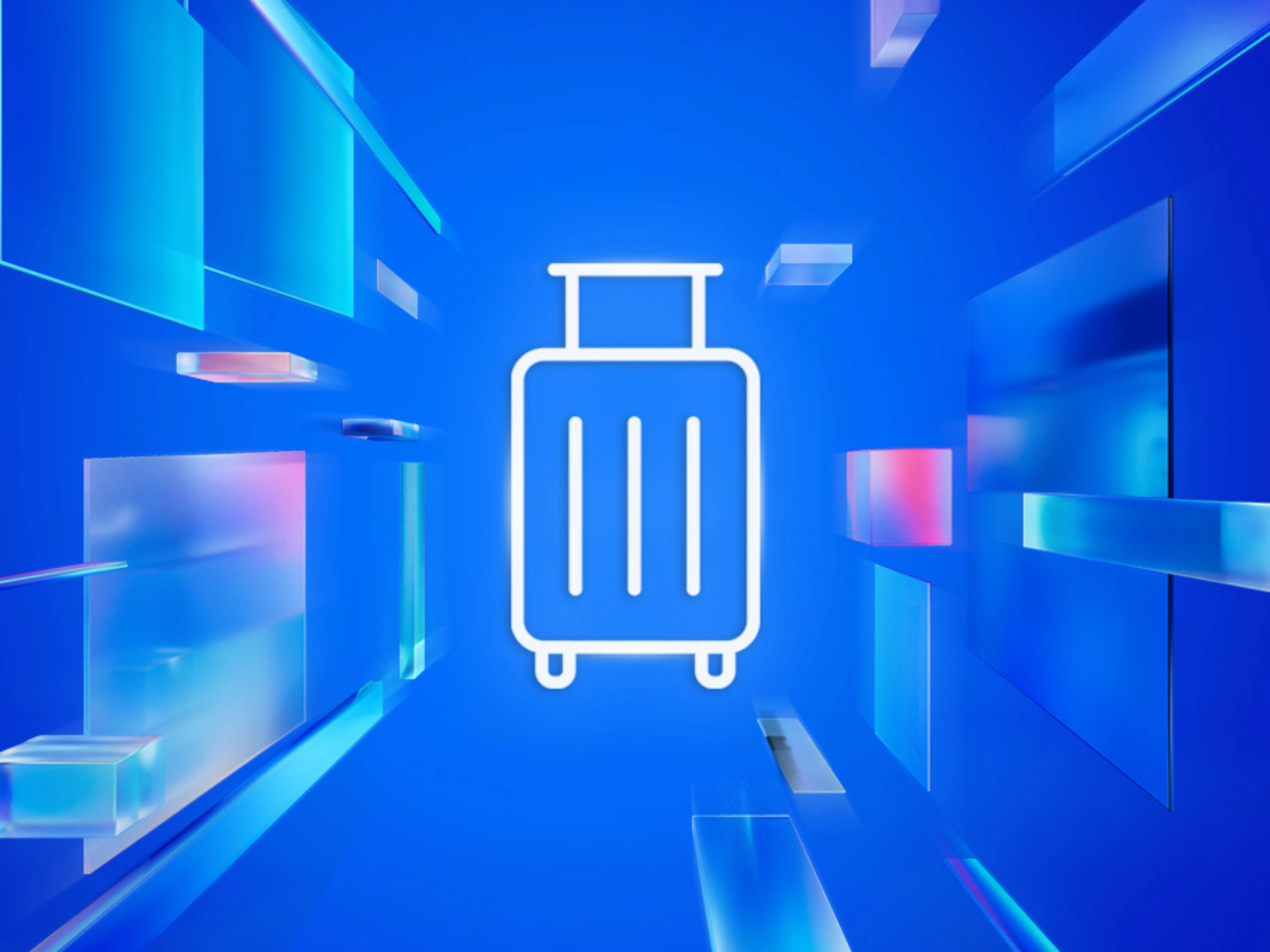 White suitcase icon centered on a blue futuristic background with transparent geometric elements, representing travel or arrival information.