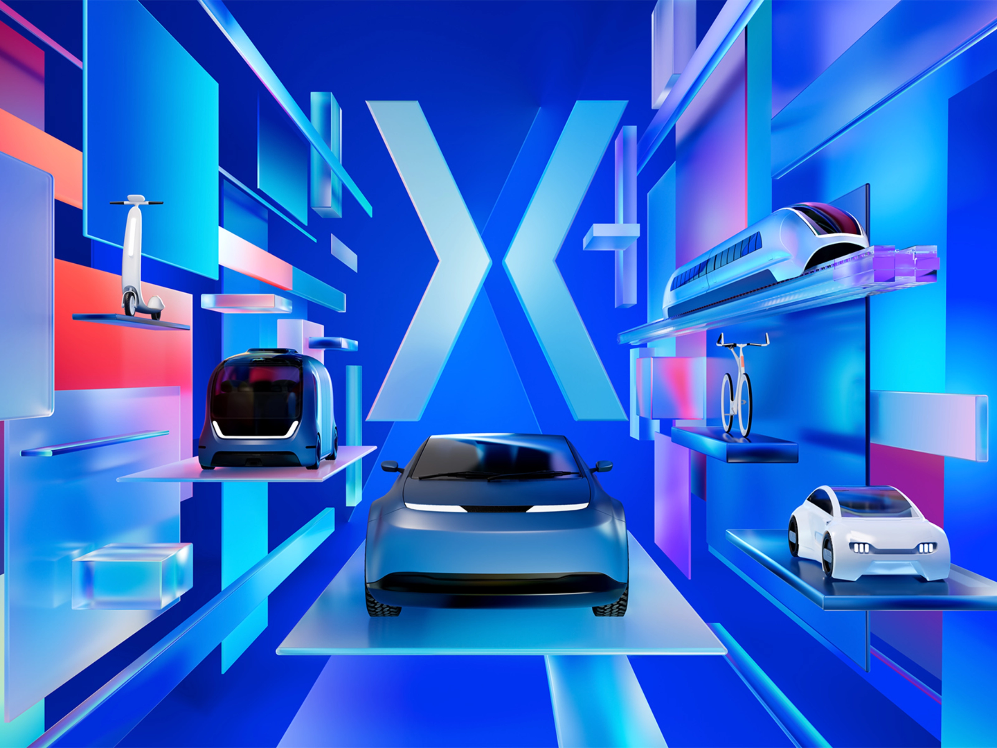 A futuristic key visual for the IAA presents various modes of mobility, including an electric car, bicycle, scooter, shuttle, and train, all set within a blue, digitally styled 3D environment. This vision of future transportation will be a highlight at the Auto Show Munich.