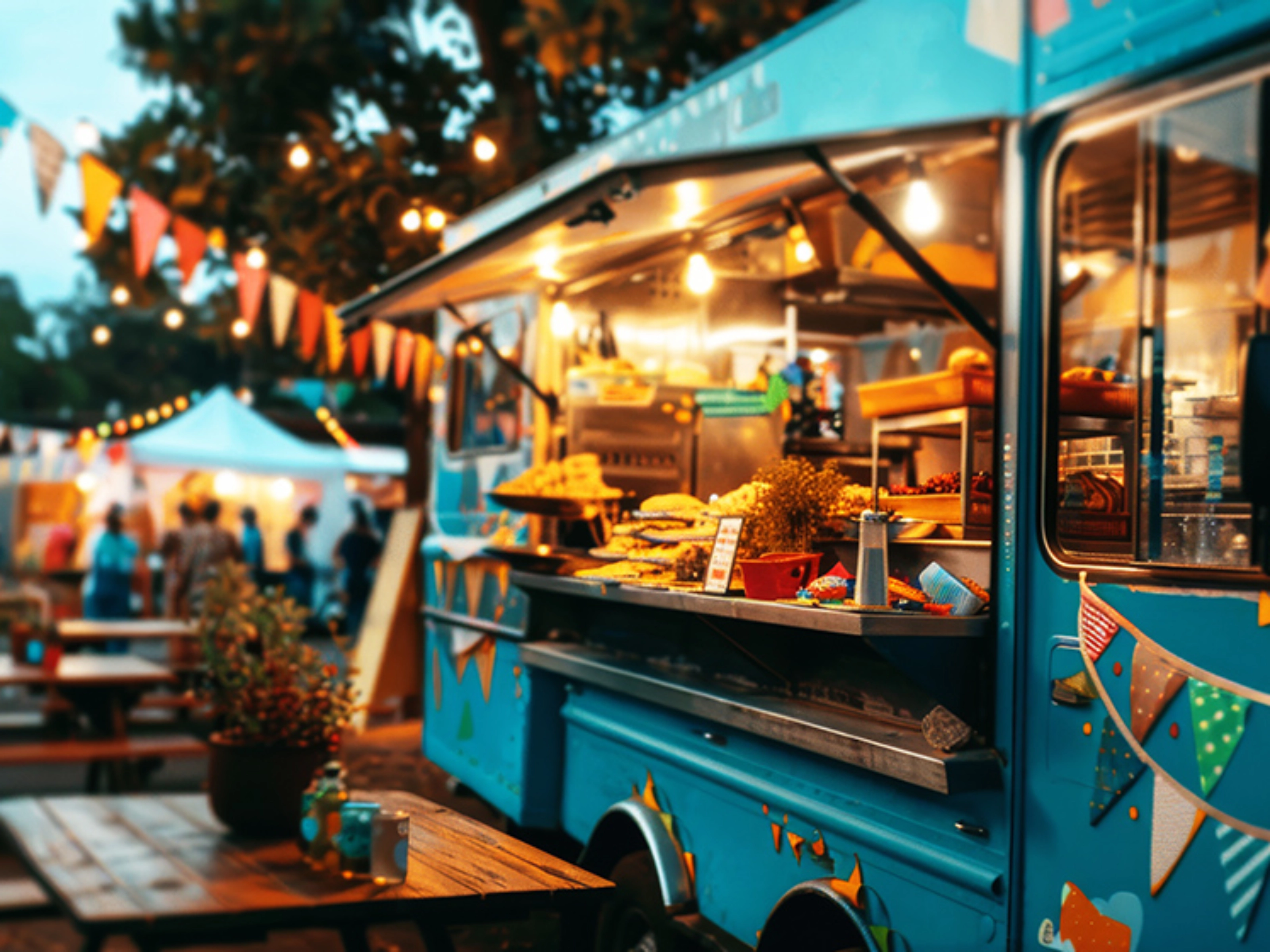 Blauer Foodtruck verkauft Snacks auf einem Abendmarkt mit Sitzbänken im Freien.