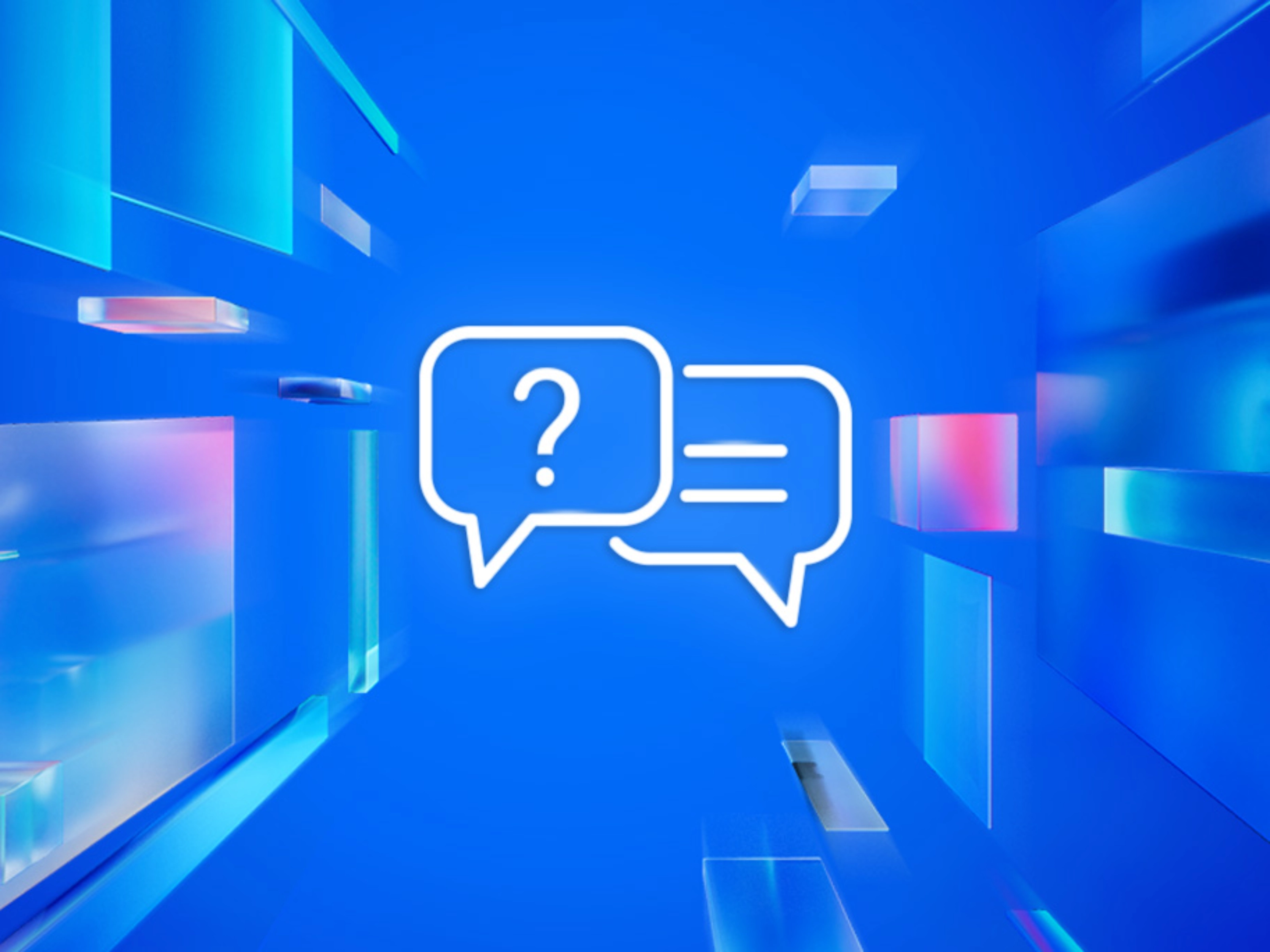Two speech bubble icons, one with a question mark, on a blue futuristic background, symbolizing a Q&A or help section.