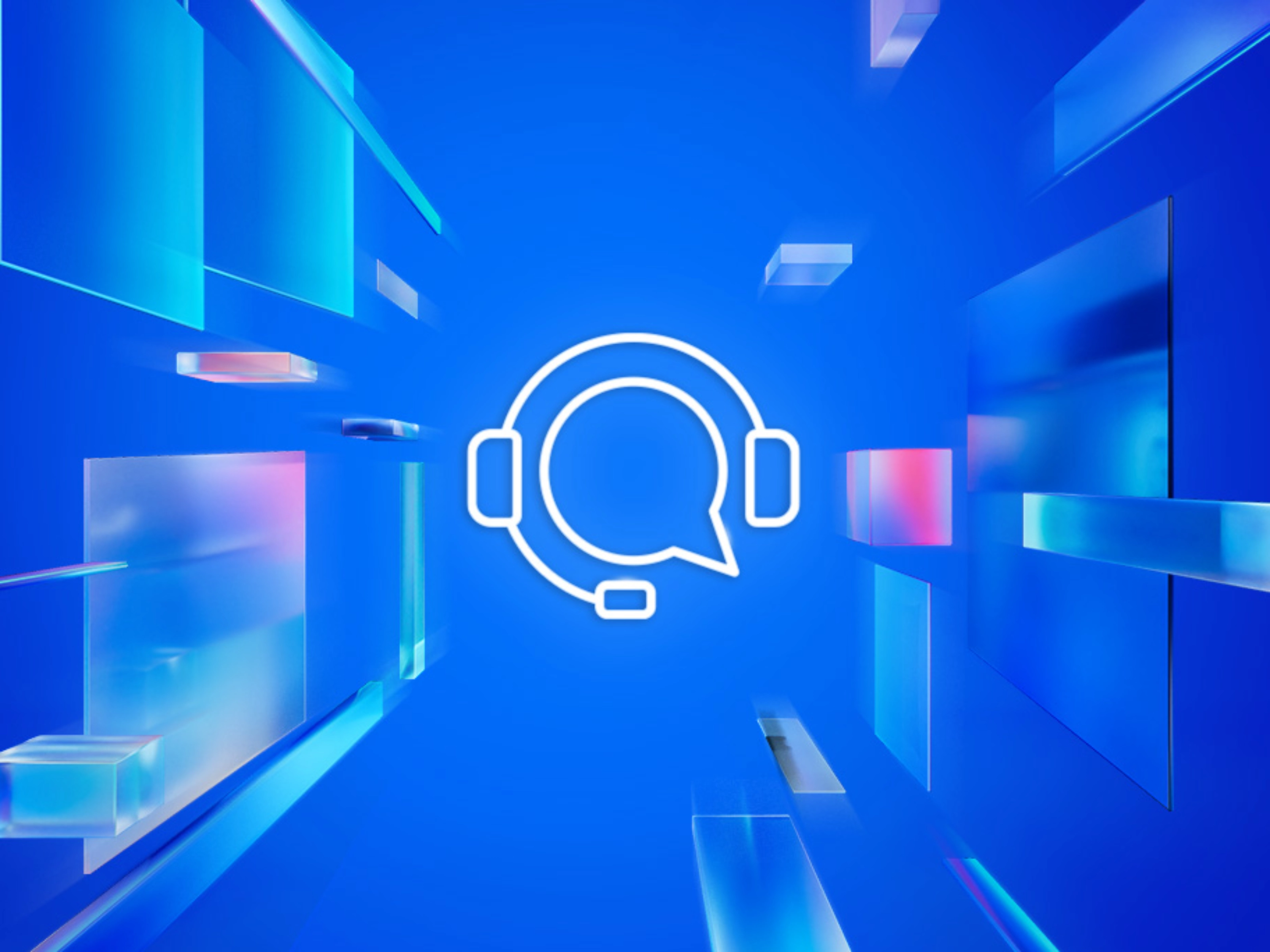 White headset icon with speech bubble on a blue digital background with floating shapes.