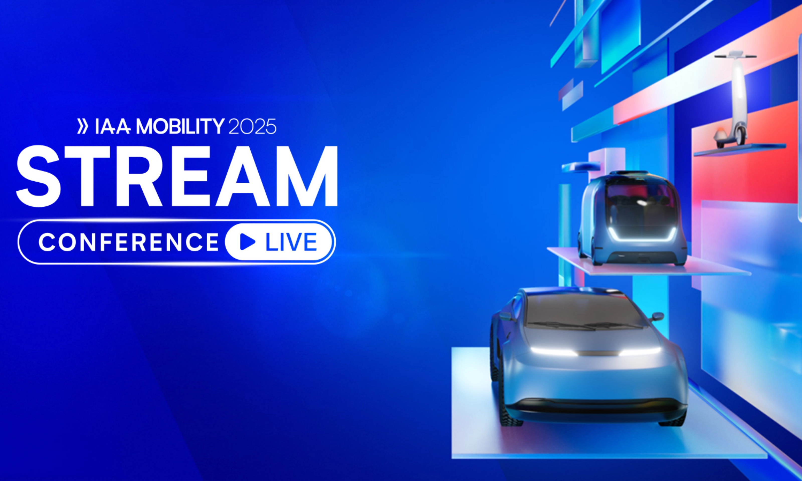 Visual for IAA Mobility 2025 livestream with futuristic vehicles and e-scooter.