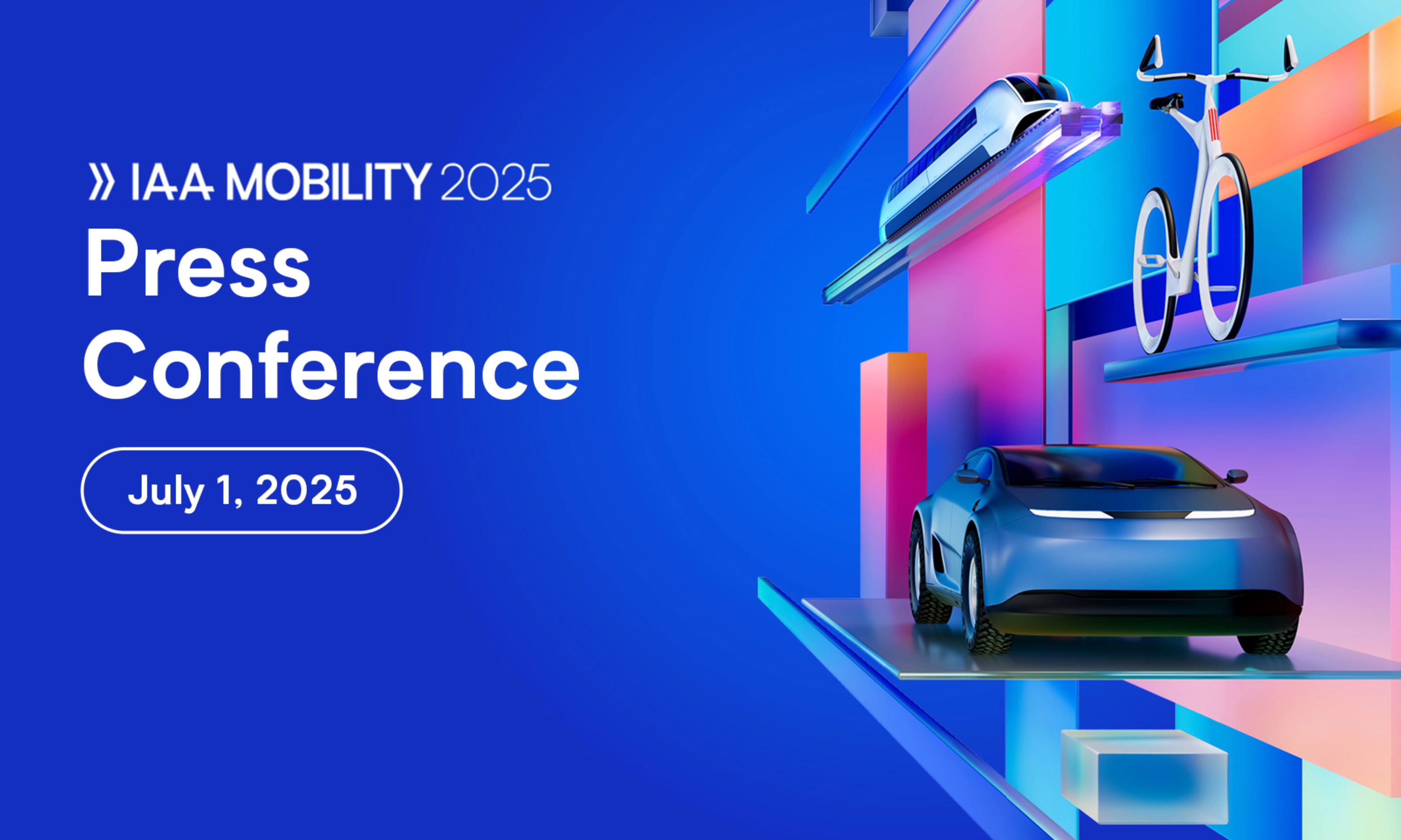 Graphic with text "IAA MOBILITY 2025 Press Conference, July 1, 2025" and futuristic transport.