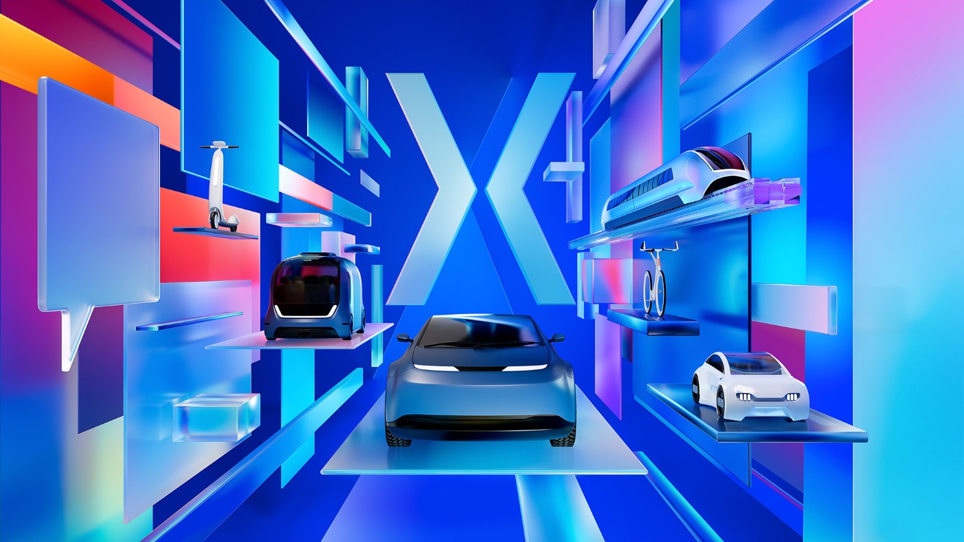 Futuristic 3D key visual for IAA MOBILITY 2025 showing various forms of mobility such as cars, train, bike, shuttle and scooter in a digital environment.