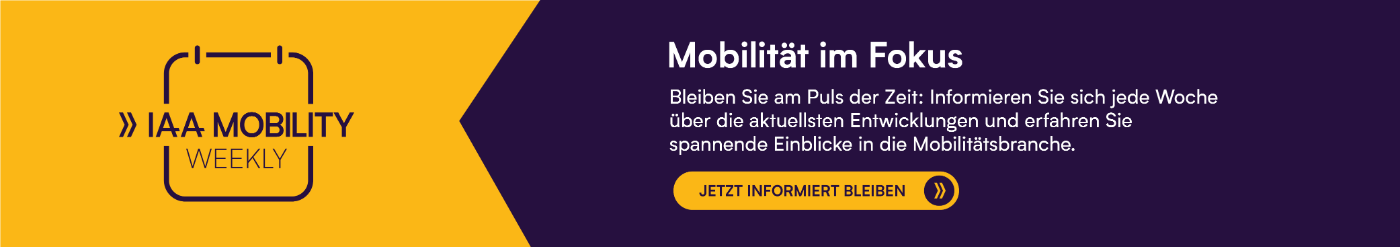 Banner mit dem Text „IAA MOBILITY WEEKLY“ und einem Aufruf, sich über aktuelle Entwicklungen in der Mobilitätsbranche zu informieren.