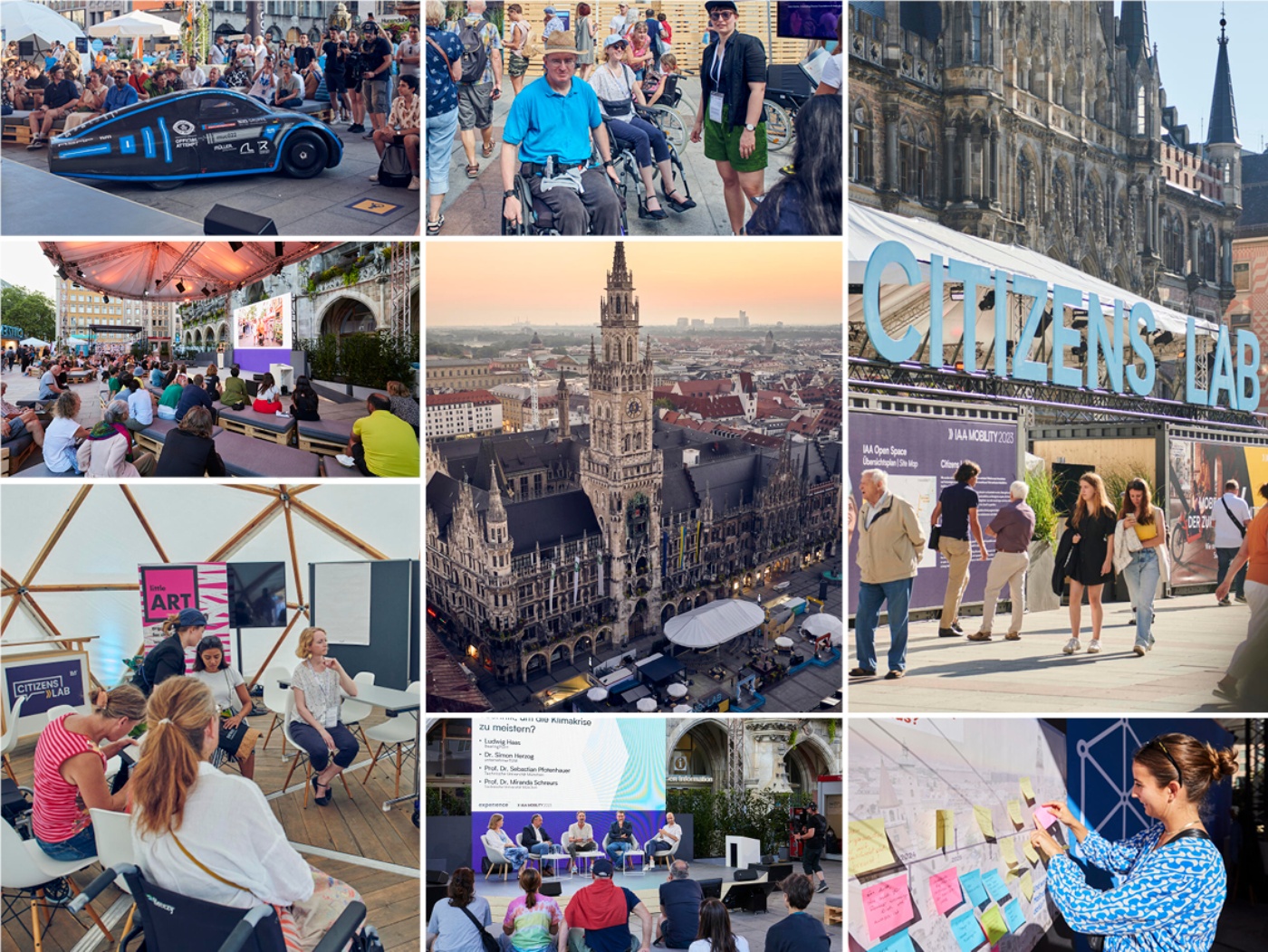 Collage showing inclusive and participatory moments from the IAA Open Space, including discussions, wheelchair users, public talks, creative workshops, and a view of Munich’s city center.