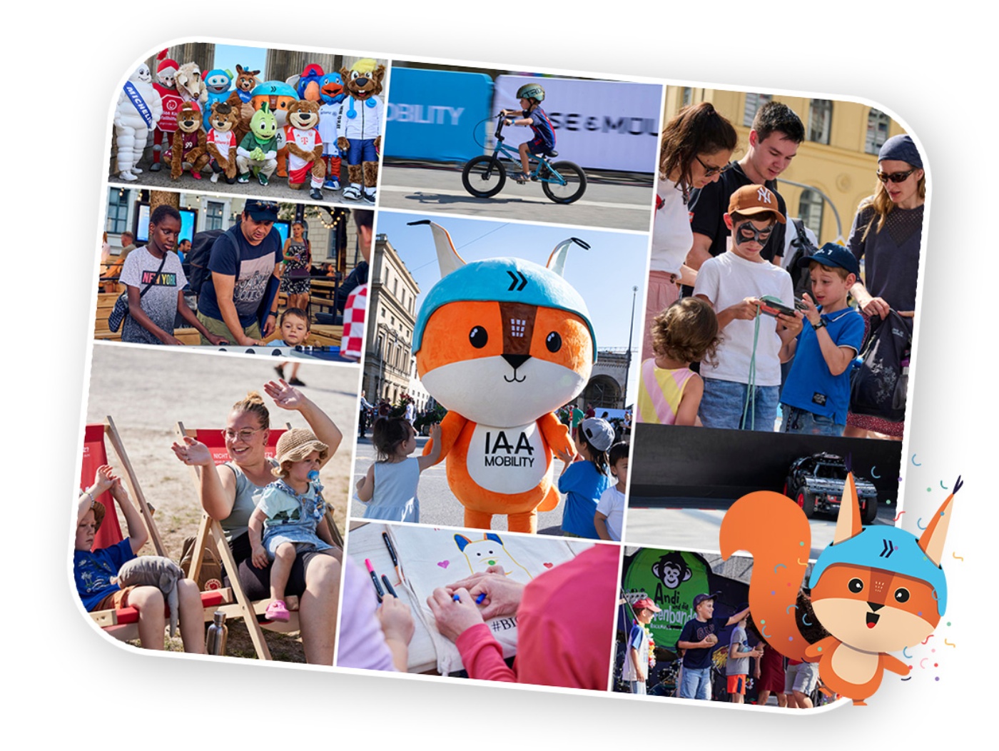 Collage familienfreundlicher Aktivitäten beim IAA Open Space mit spielenden Kindern, Familien mit Maskottchen, Kreativangeboten und Spielen im Freien.