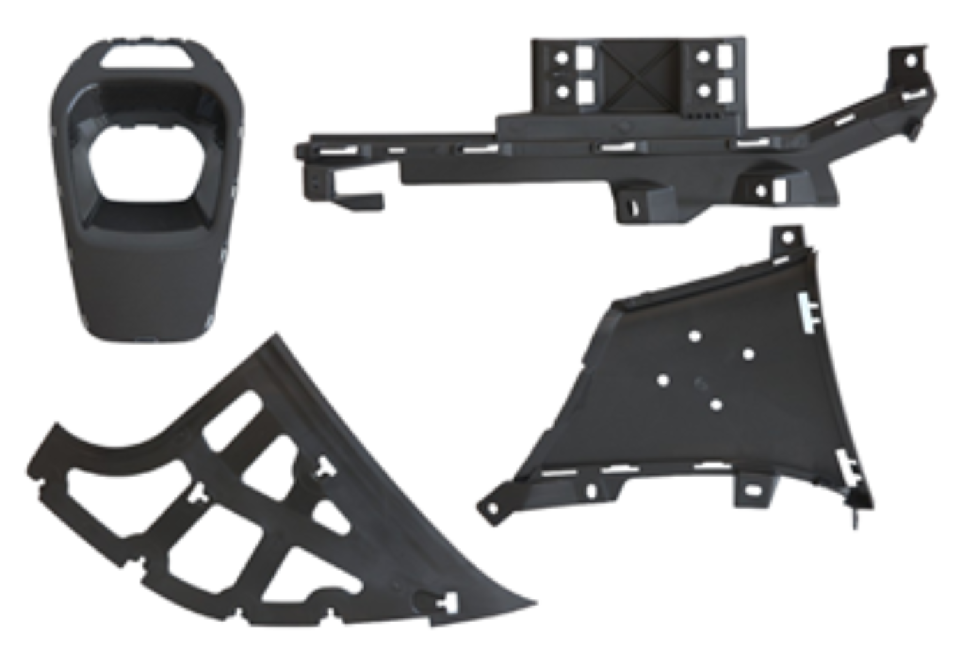 Several black plastic automotive interior or structural parts laid out on a white background.