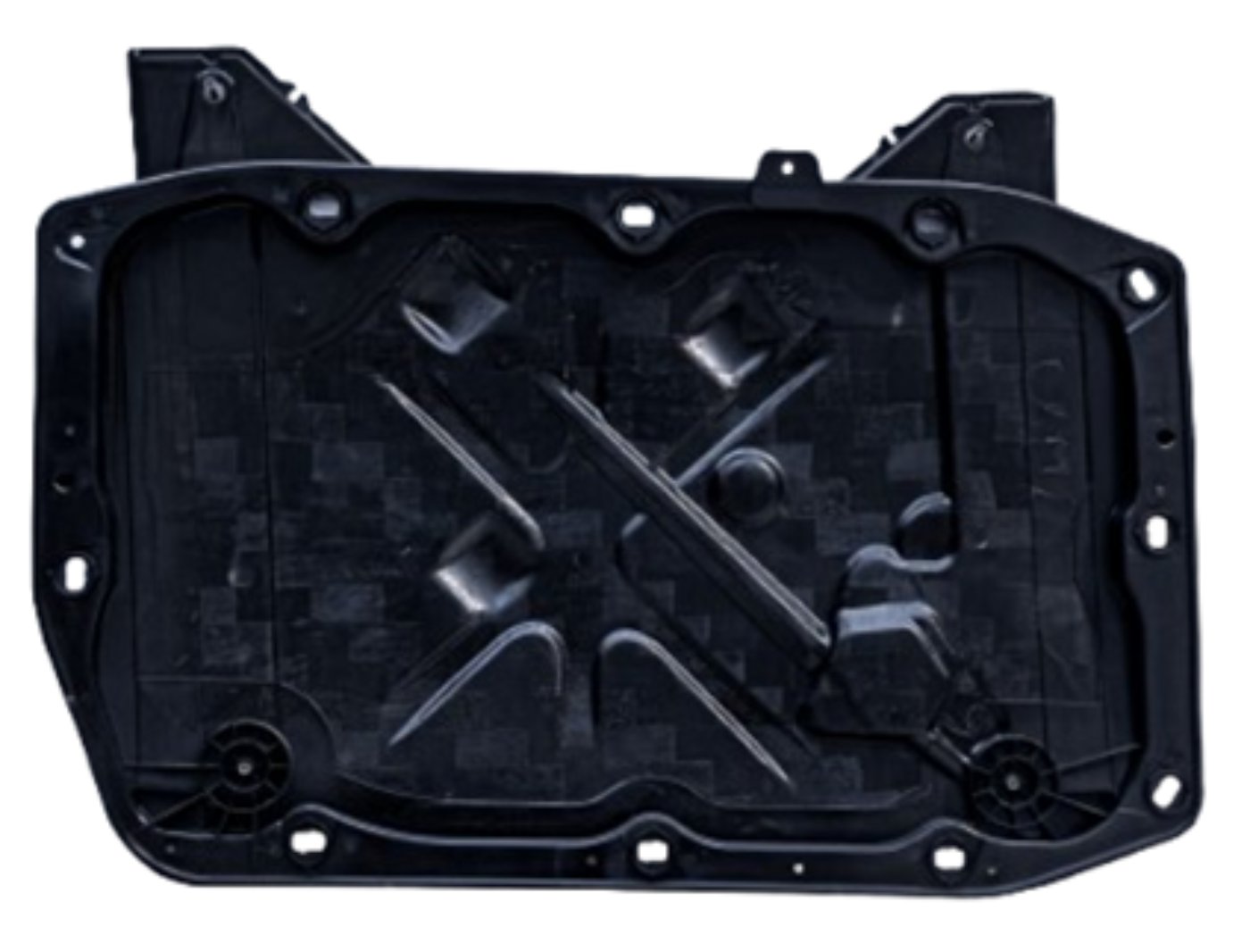 Black carbon fiber automotive cover with reinforcement structures and mounting points.