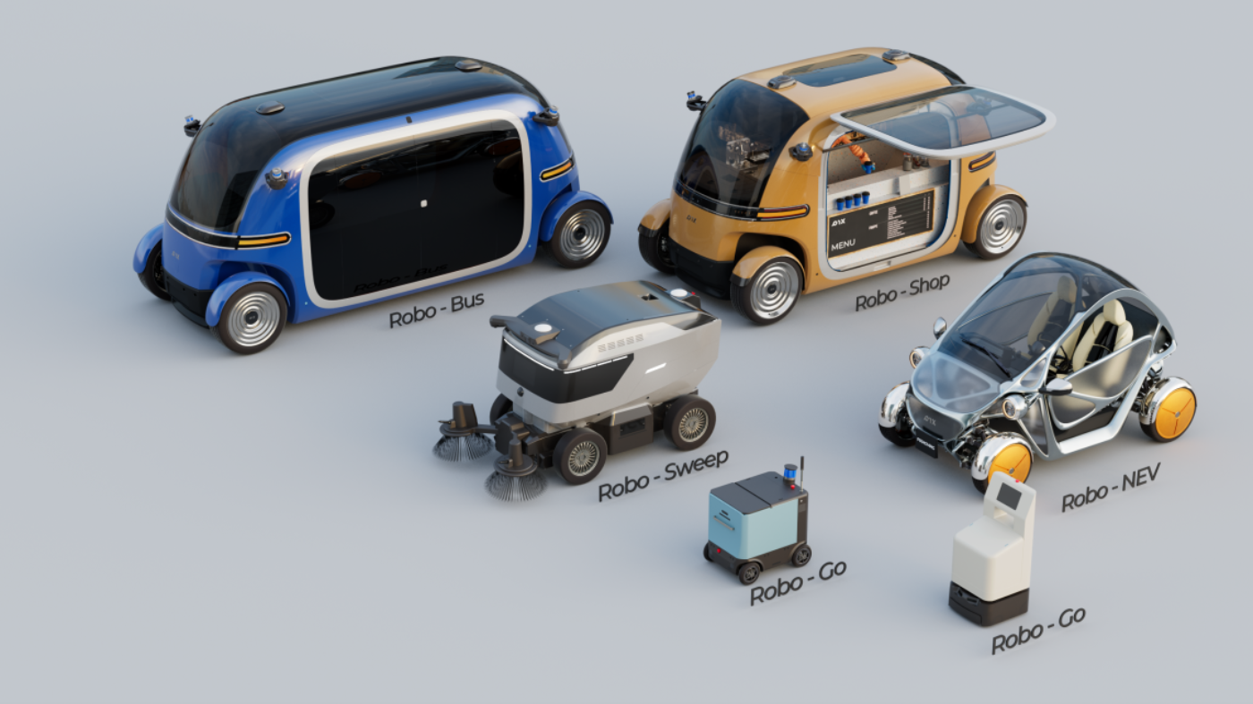 Sechs autonome Servicefahrzeuge für Transport, Verkauf, Reinigung und Lieferung.
