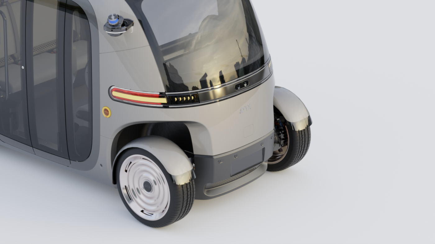 Nahaufnahme eines futuristischen autonomen Mini-Busses mit Rückansicht und glatten Rädern.