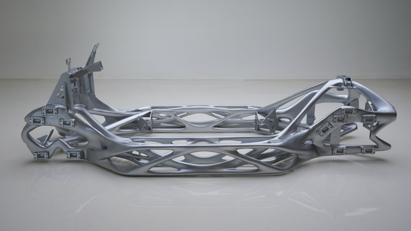 Futuristisches, leichtes Fahrzeugchassis mit organischer, gitterartiger Metallstruktur.