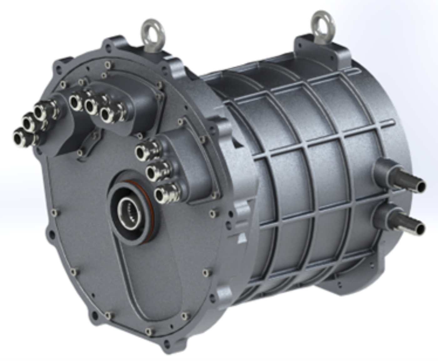 Elektromotor-Gehäuse mit mehreren Anschlüssen in isolierter technischer Darstellung.