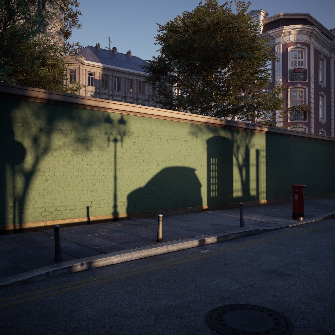 Shadows of a car and phone booth are cast on a green wall in a quiet city street.