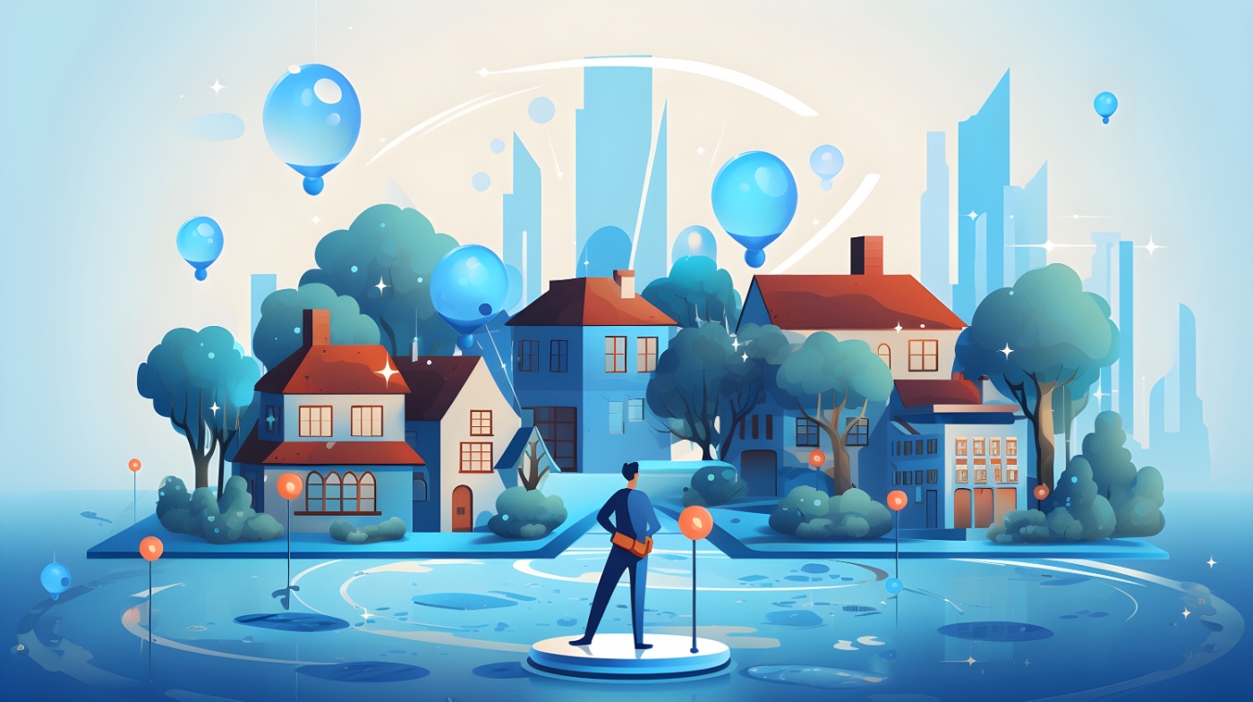 Illustration einer 15-Minuten-Stadt mit Häusern, Bäumen und einer Person inmitten kurzer Wege.