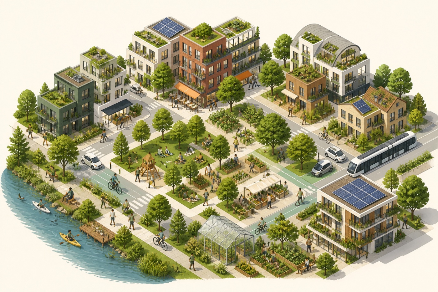 Nachhaltige 15-Minuten-Stadt mit begrünten Gebäuden, Solaranlagen, Parks, Radwegen und Nahverkehr.