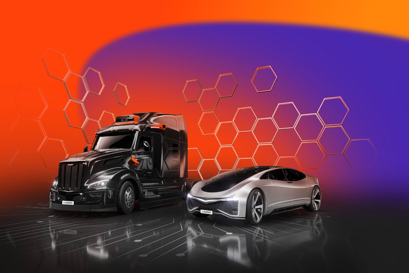 Futuristic black truck and silver car on a tech-themed background with orange and purple tones.