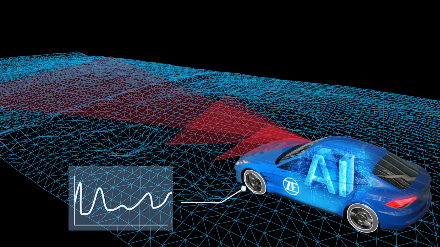 Blue AI car scans a 3D road surface ahead with red sensor beams and data visualization.