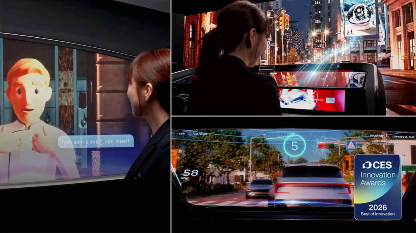 A woman interacts with smart car displays showing navigation, city scenes, and a virtual assistant.