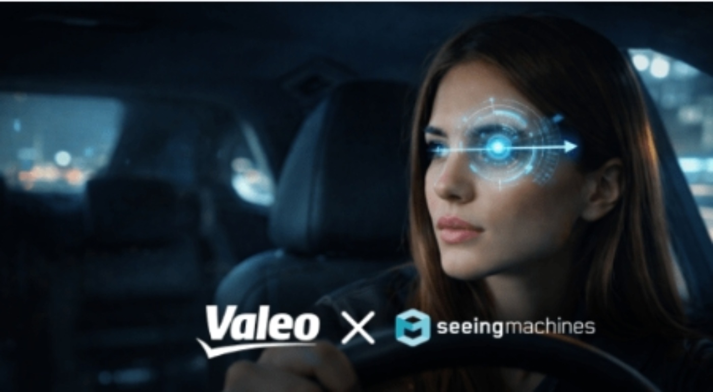 Woman driving a car with digital eye-tracking graphic and logos of Valeo and Seeing Machines.