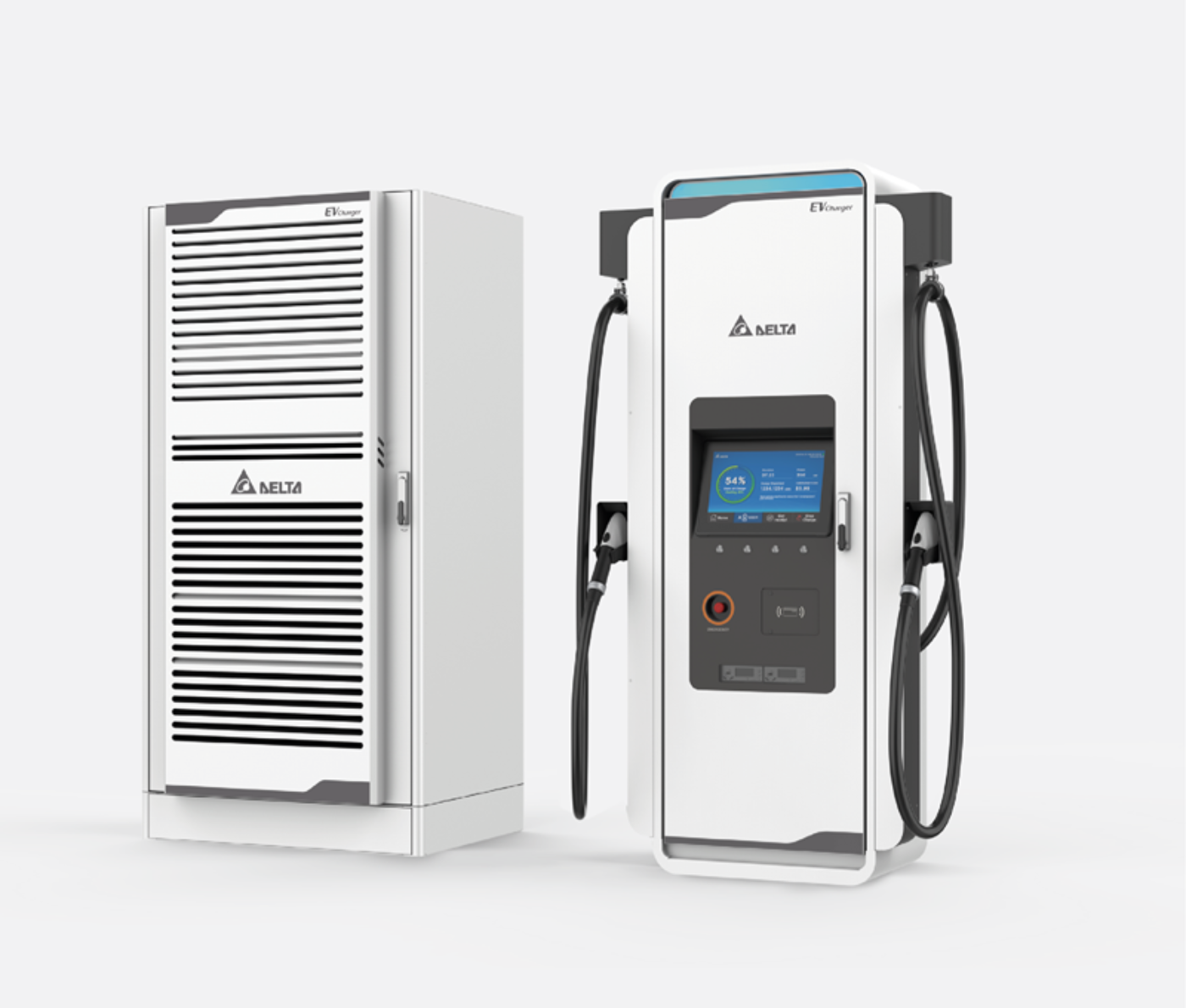 Two Delta EV charging units, one with a display and cables, the other with ventilation panels.