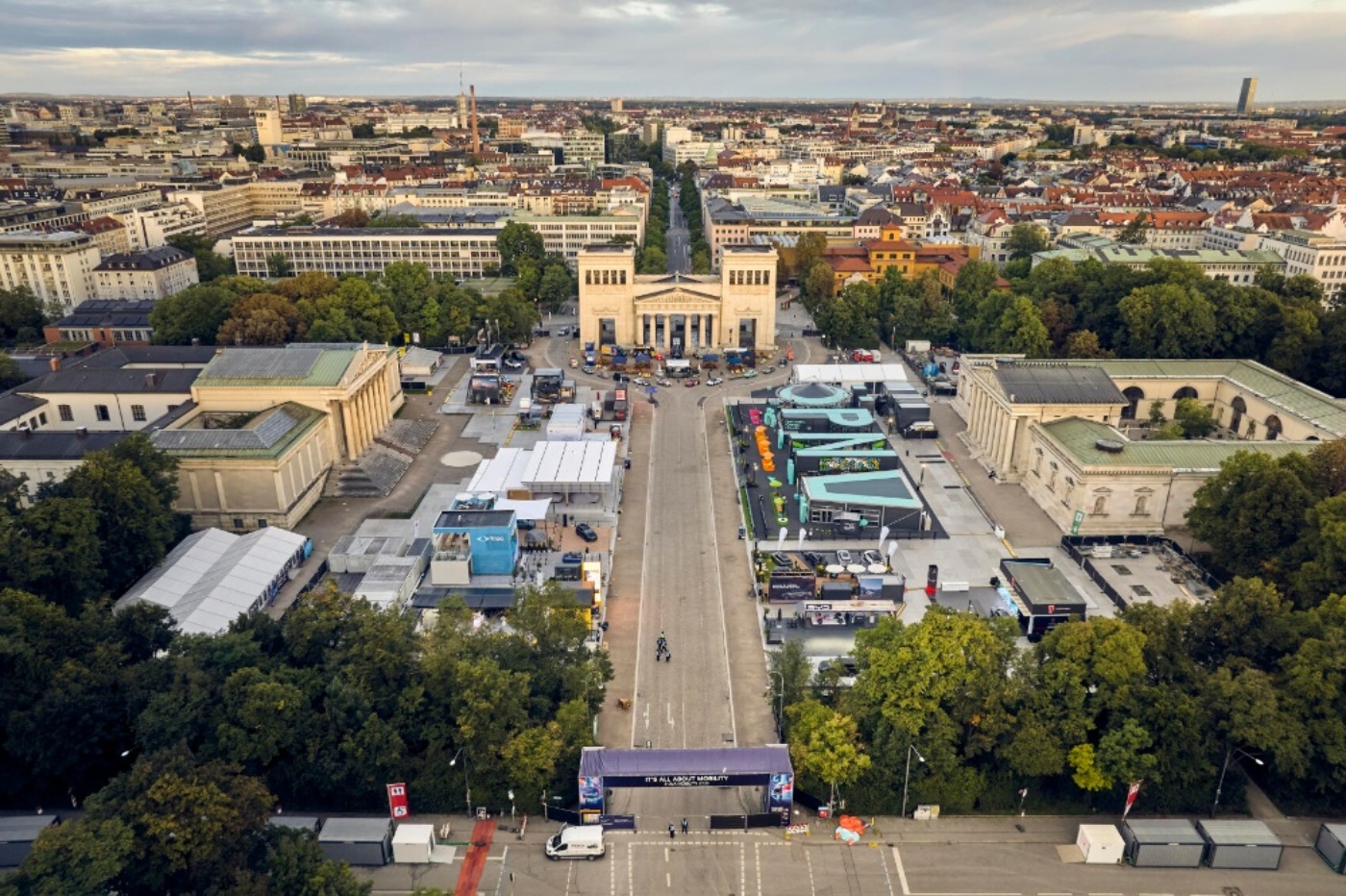 Aerial view of Königsplatz with exhibition grounds and surrounding city.