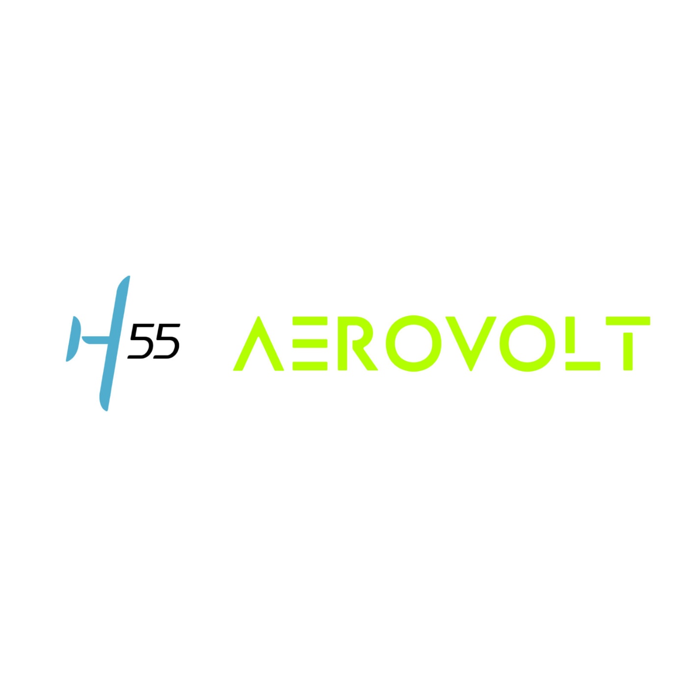 Logo with a stylized blue "H55" on the left and the word "AEROVOLT" in bright green geometric letters on the right.