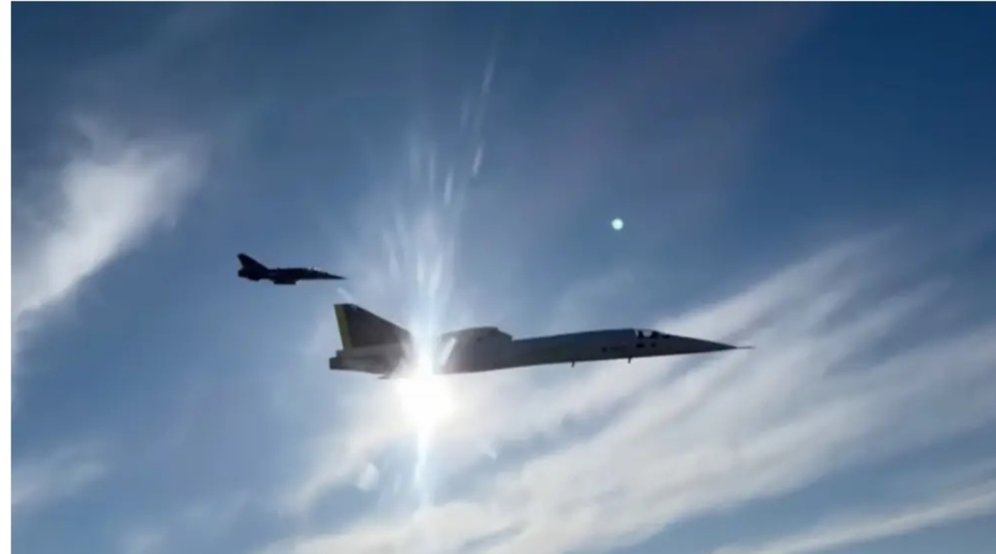 Two jet aircraft flying in formation against a bright sky, one with a long pointed nose and delta wings reflecting sunlight.