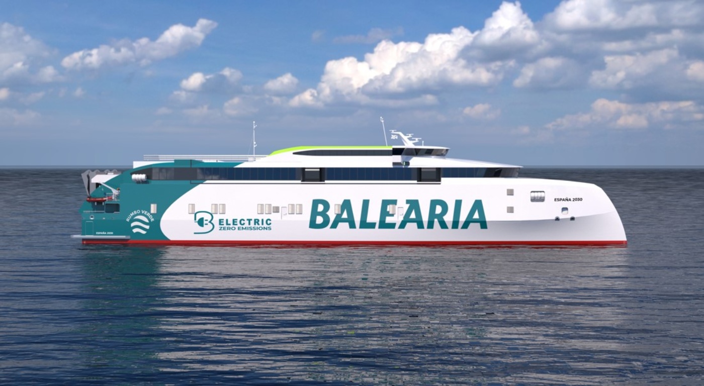 Side view of a modern electric ferry labeled "BALEARIA" on the water, with signs indicating zero emissions and the name "ESPAÑA 2030".