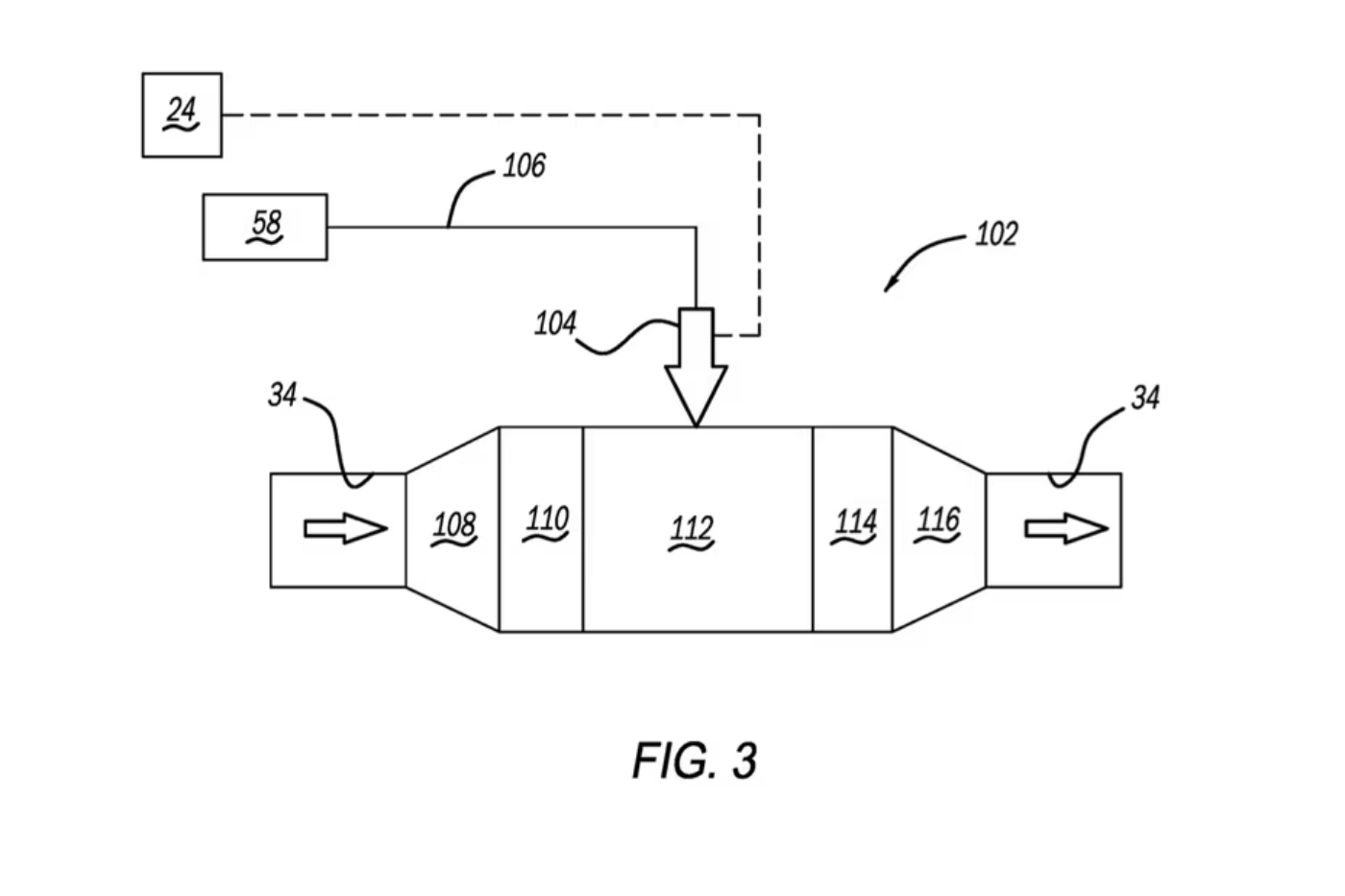 Technical diagram of an exhaust treatment system showing multiple flow sections and labeled components connected to a control unit.