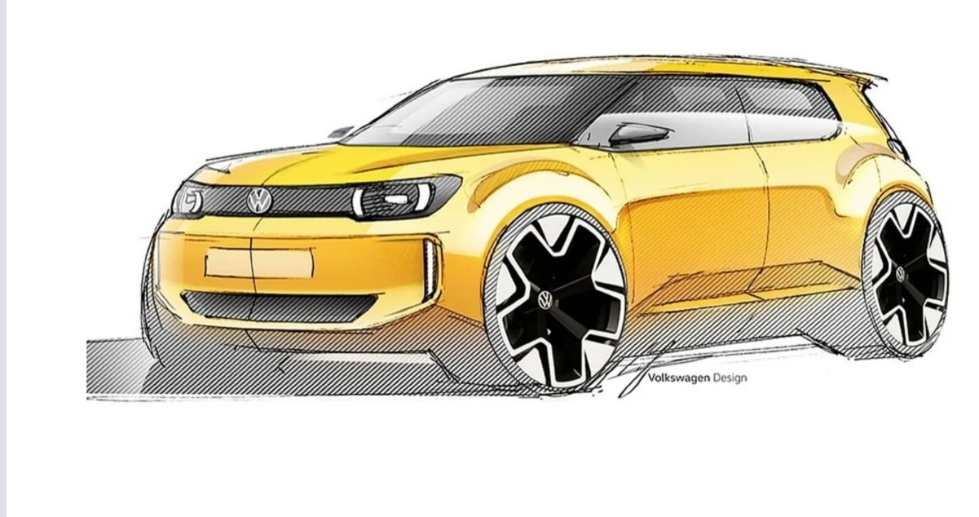Design sketch of a compact yellow Volkswagen concept car, shown from a front-side perspective with large wheels and sporty styling.