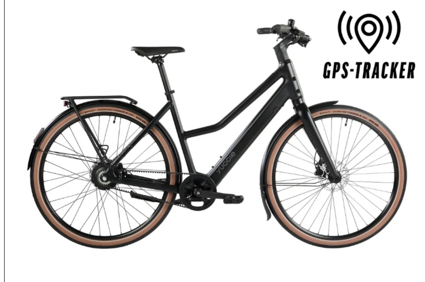 Side view of a black step-through electric bicycle with brown tires and integrated GPS tracker icon displayed in the top right corner.