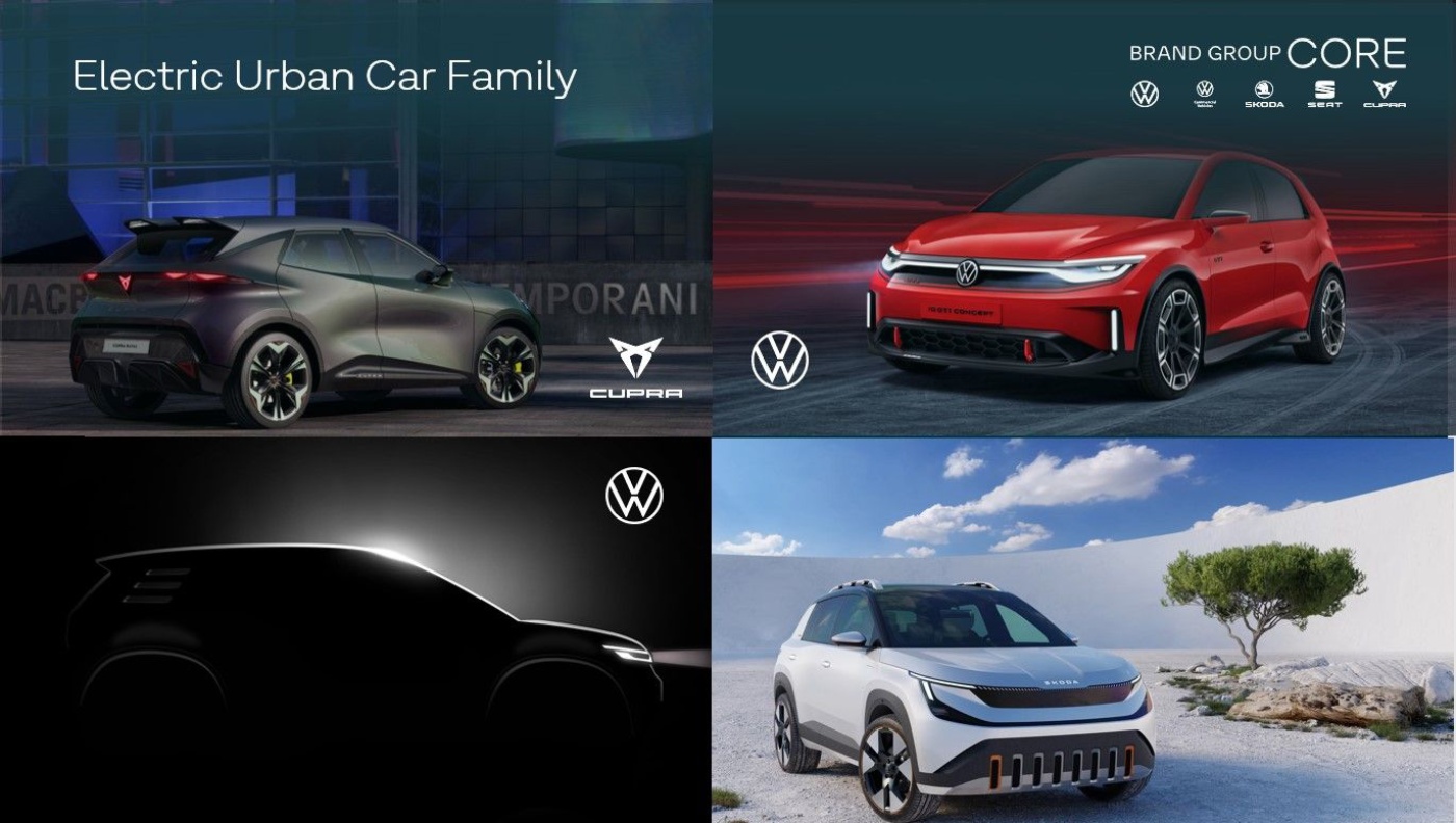 Collage of four electric concept cars from Volkswagen Group brands, including CUPRA, Volkswagen, and Škoda, shown in various design stages and environments.