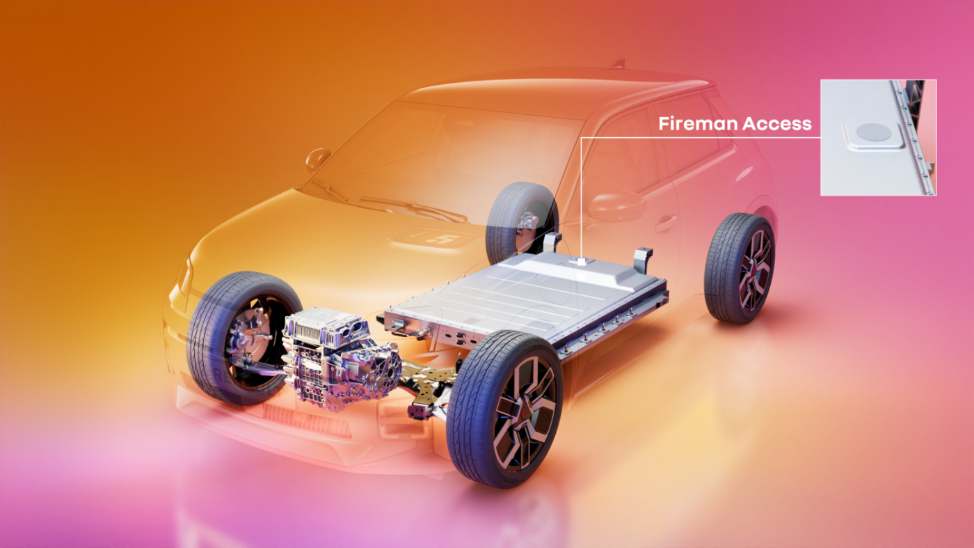 Visualization of an electric vehicle with a transparent body, showing the battery pack and powertrain layout, with a highlighted "Fireman Access" safety feature.