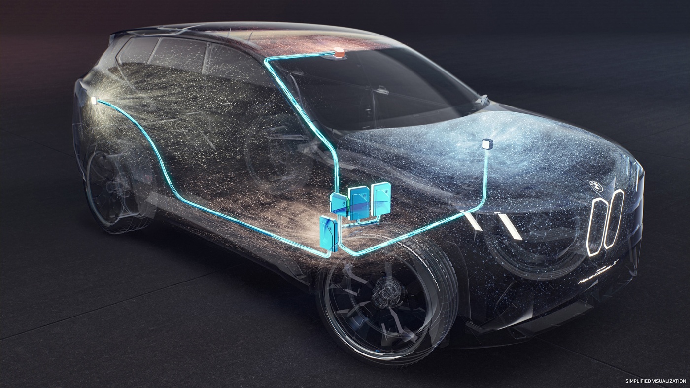 A transparent BMW concept vehicle visualizes an internal sensor system with glowing blue lines and components, illustrating data flow and sensor integration.