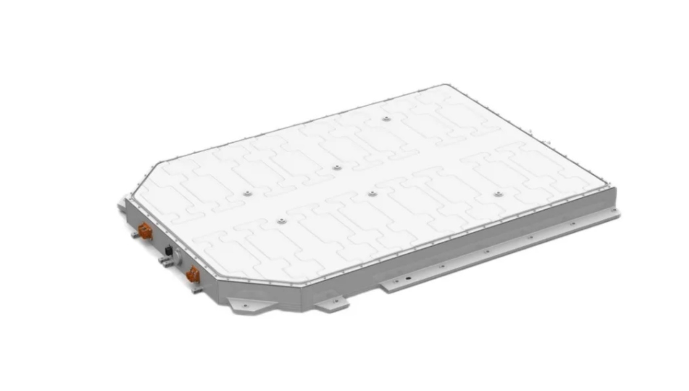 Flat rectangular battery module with visible connectors, designed for use in electric vehicles.
