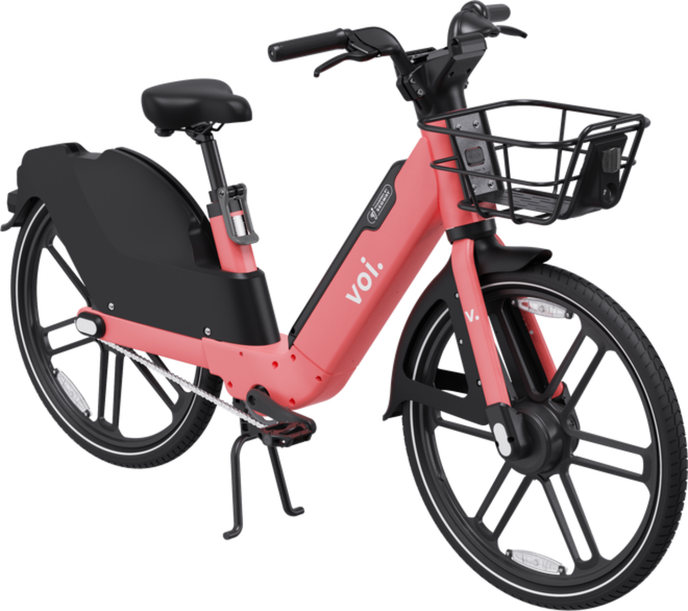Ein Leih-E-Bike von Voi mit Frontkorb und tiefem Einstieg, vor weißem Hintergrund dargestellt.