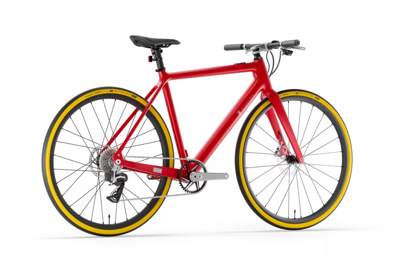 Side view of a red electric city bike with yellow-rimmed wheels, a minimalist frame, and integrated components, displayed against a white background.