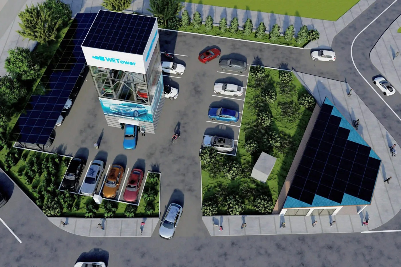 Aerial rendering of a modern electric vehicle charging station with a vertical parking tower labeled “WE Tower”, surrounded by solar panels and green areas.