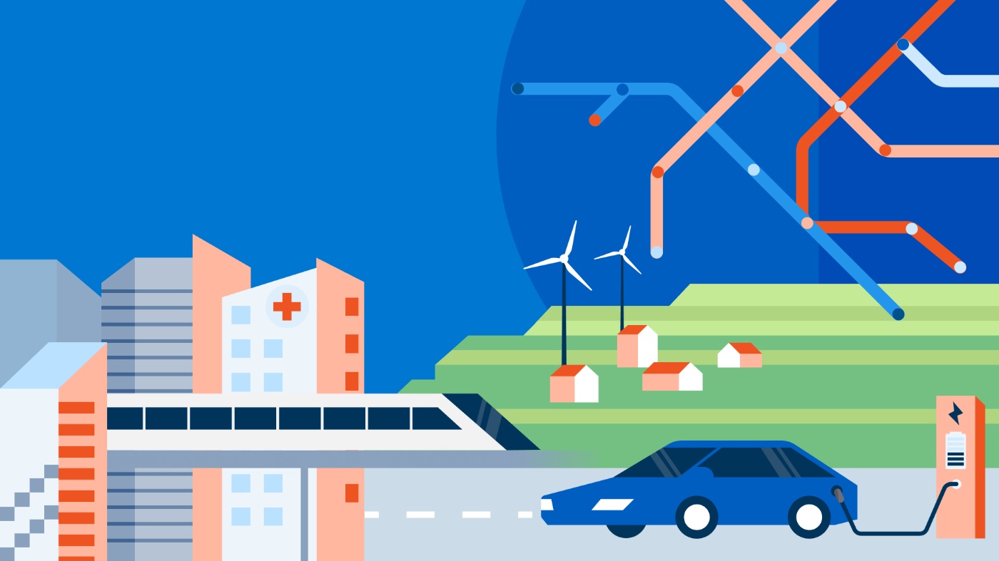 Illustration einer Stadt mit ladendem Elektroauto, Windrädern auf grünen Hügeln, einem Krankenhaus und einem Liniennetz im Hintergrund.