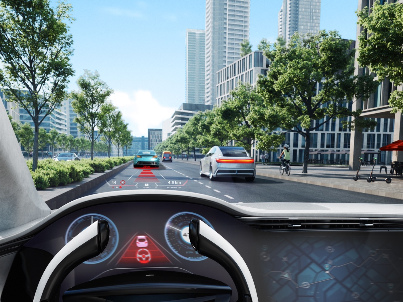 Blick aus einem modernen Auto in einer Stadt, mit digitalem Armaturenbrett und Augmented-Reality-Anzeige, die den Abstand zum vorausfahrenden Fahrzeug zeigt.