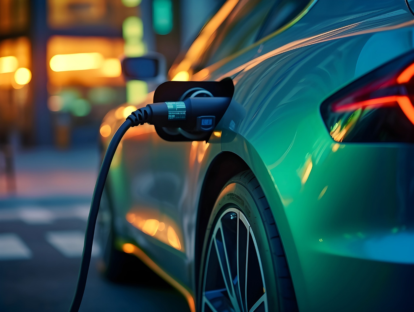 Nahaufnahme eines Elektroautos beim Laden an einer Station in urbaner Umgebung mit bunten Spiegelungen auf dem Fahrzeug.