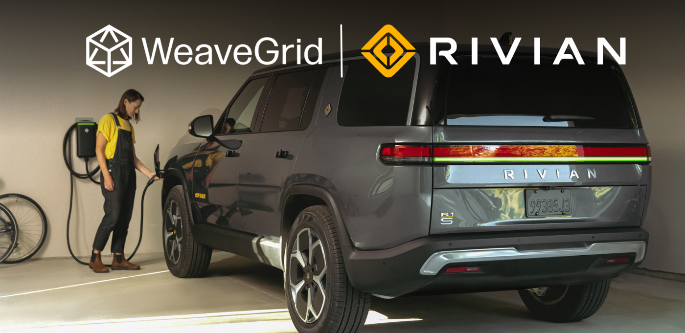 A woman charges a gray Rivian SUV in a garage with WeaveGrid and Rivian logos above.