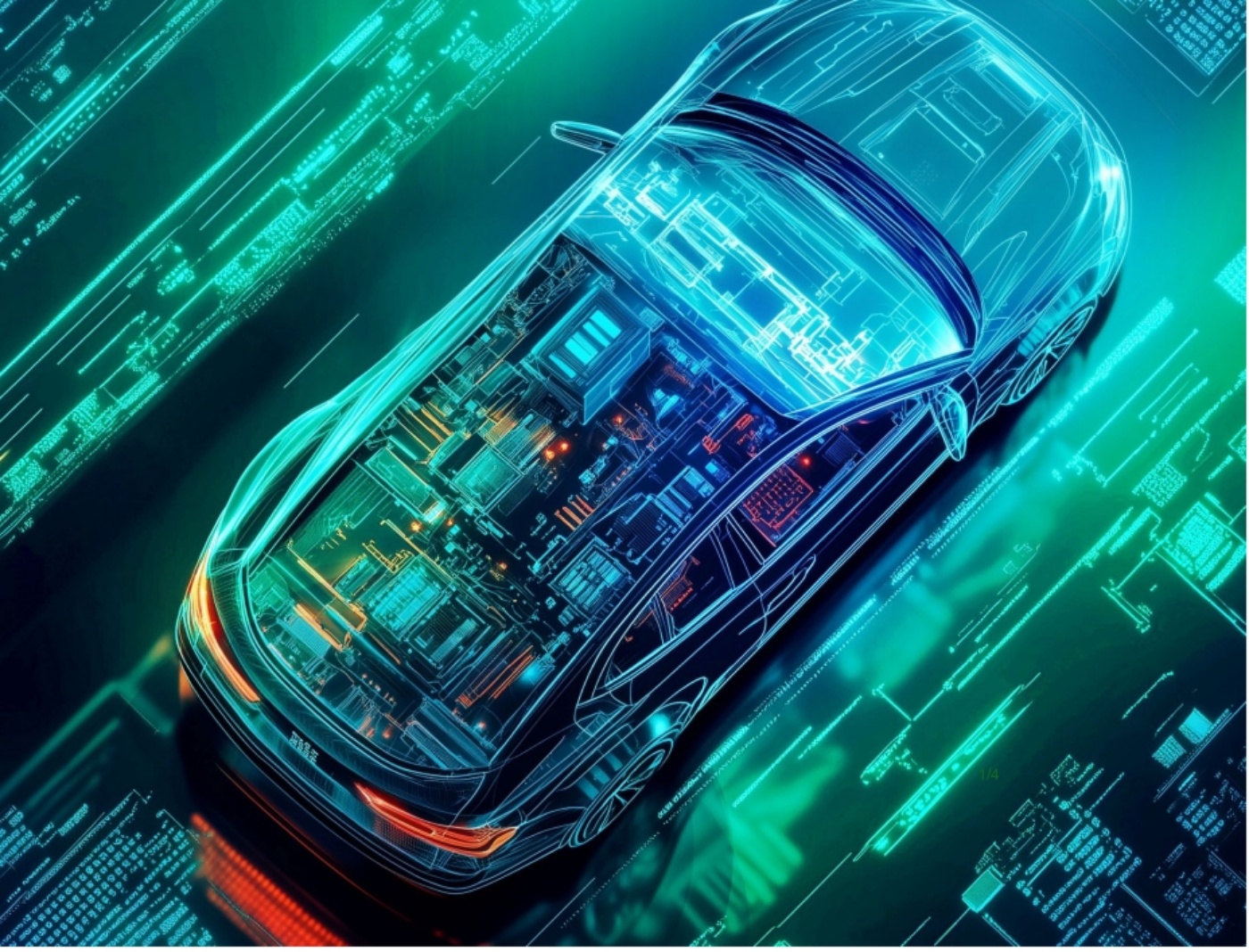 Top view of a digital car model with visible internal circuits, symbolizing automotive technology.