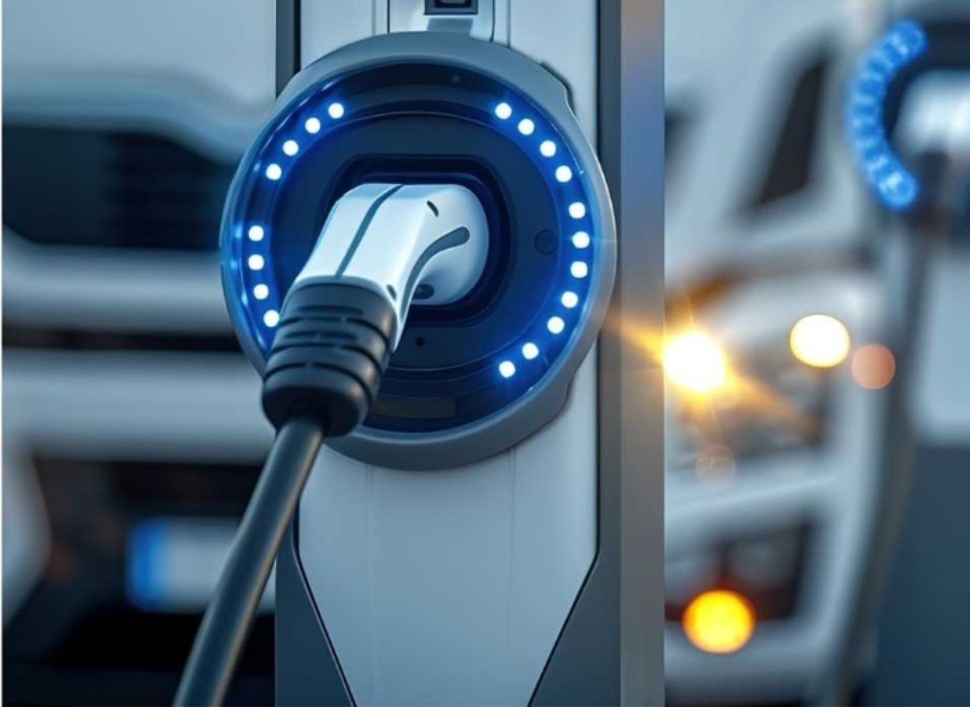 Close-up of an electric vehicle charging plug inserted into a modern charging station.