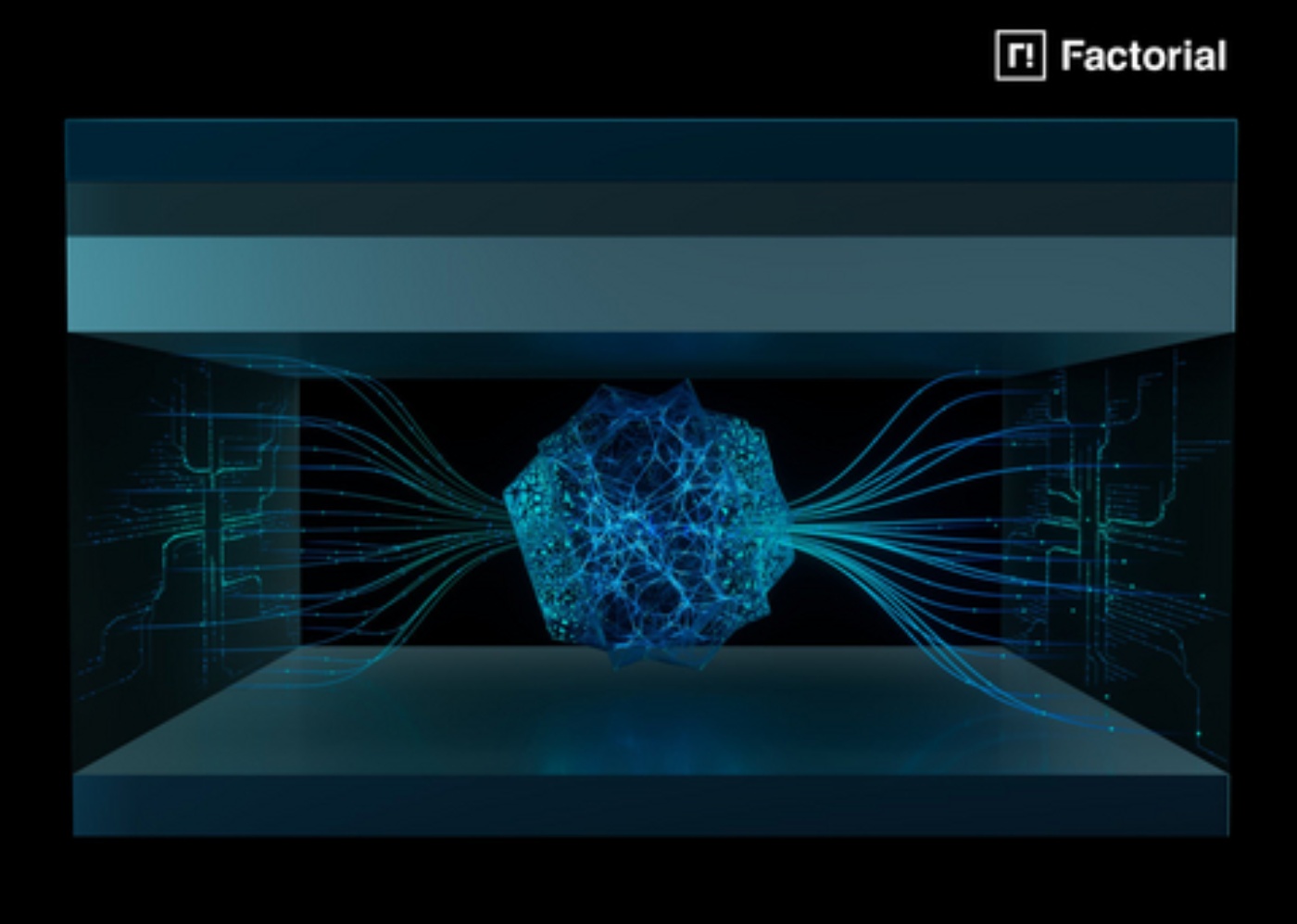Digital graphic of a glowing core with neural lines in a tech box, representing data processing.